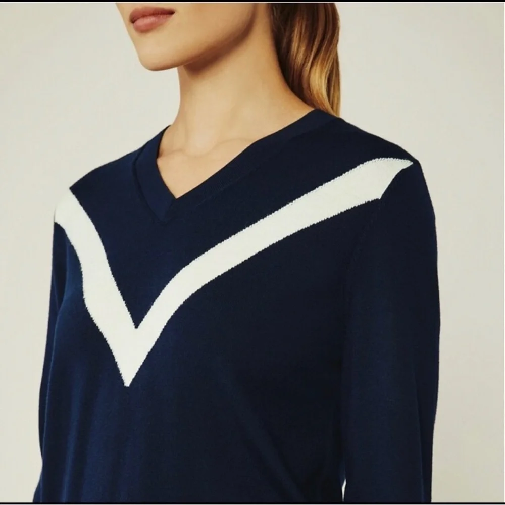TORY BURCH‎ Merino Wool Chevron Sweater Navy White Chevron Size Large